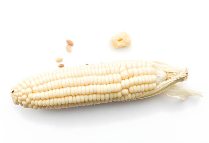 Peeled Ear of Corn Top View on White Background